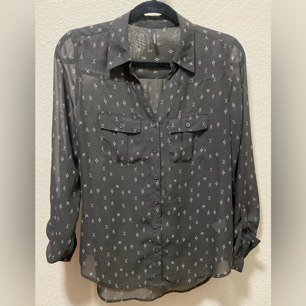 Maurices Black & White Geometric Print Sheer Button-Up Blouse | Women | Small